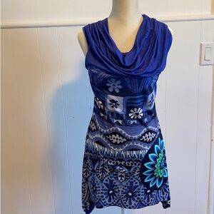 Desigual short blue print dress drape cowl neck